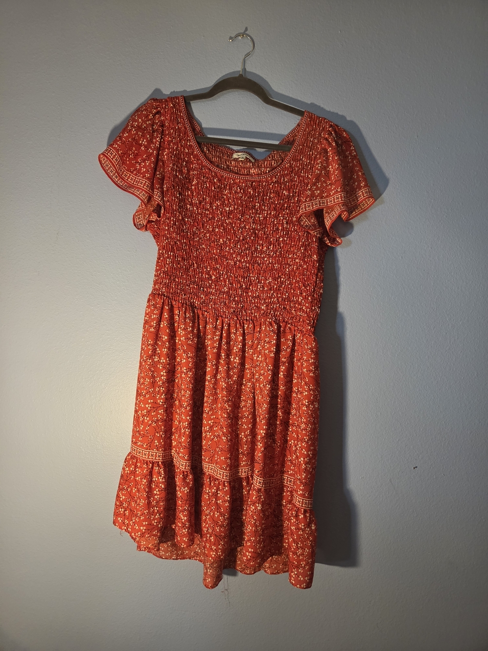 Max Studio Red Floral Smocked Flutter Sleeve Dress